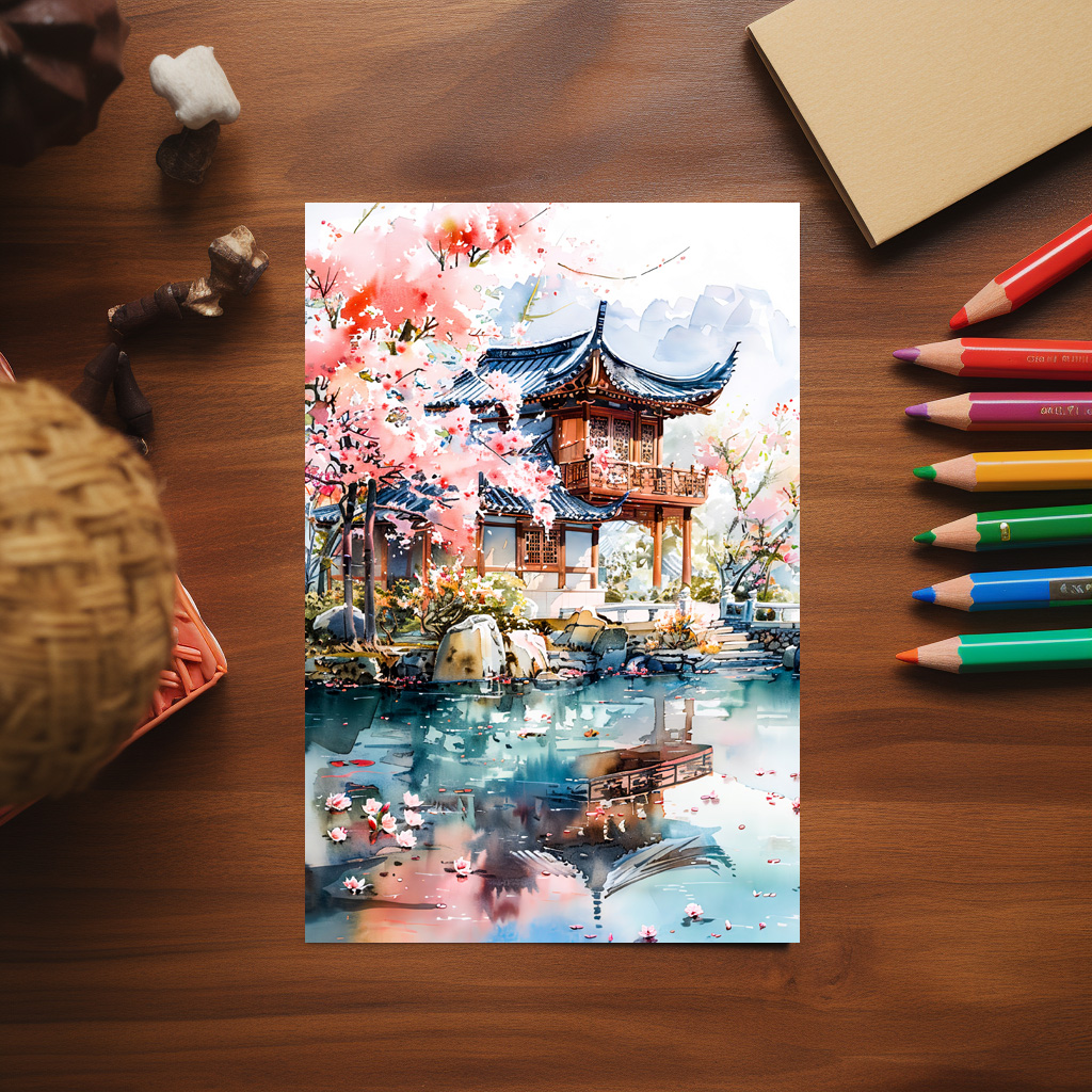 raxxa Postkarte: Temple Complex With Blooming Cherry Tree Reflected In Lakeside Water Chinese Ink