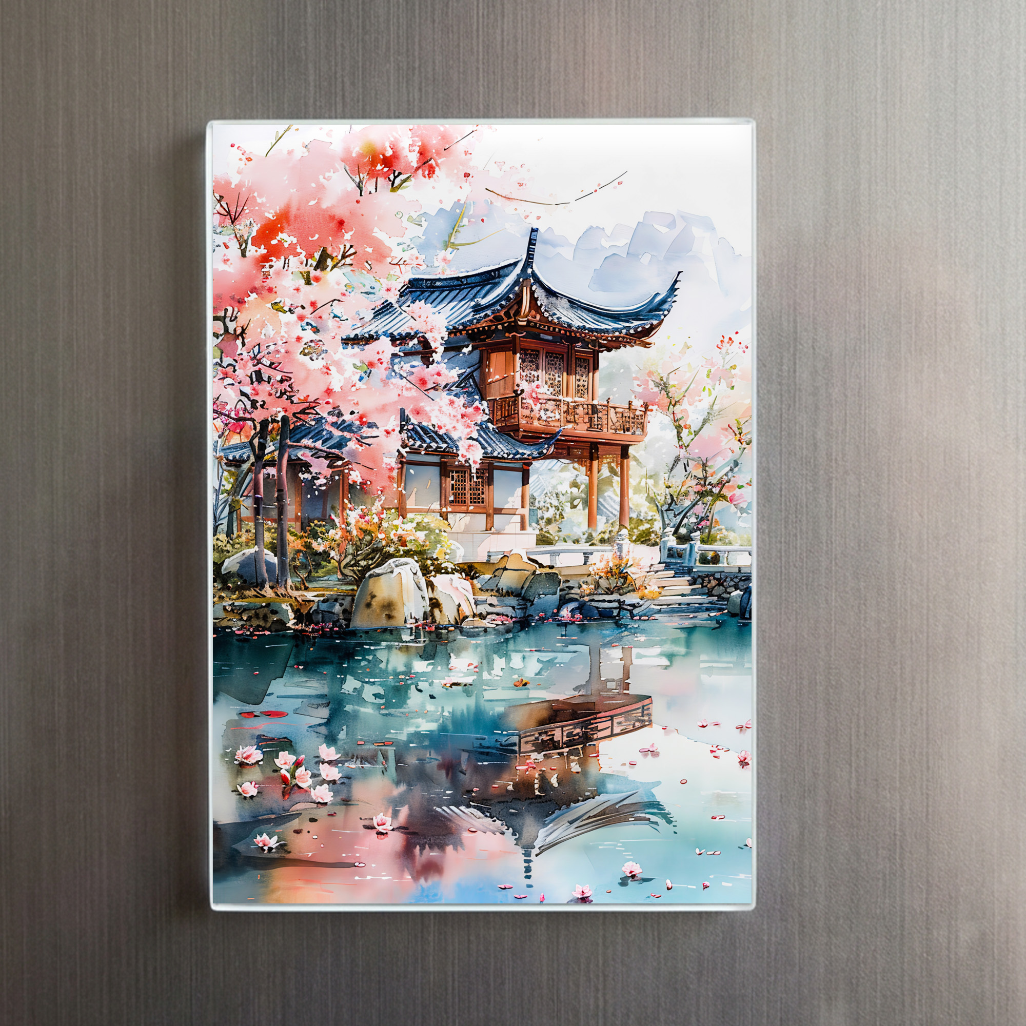 raxxa Glas-Magnet: Temple Complex With Blooming Cherry Tree Reflected In Lakeside Water Chinese Ink - Image 2