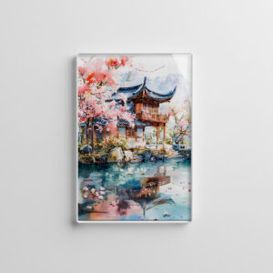 raxxa Glas-Magnet: Temple Complex With Blooming Cherry Tree Reflected In Lakeside Water Chinese Ink
