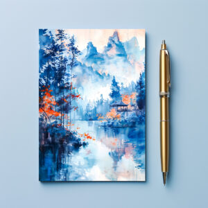 raxxa Postkarte: Autumn Forest Landscape With Temple By Lakeside And Mountain Backdrop In Chinese Ink