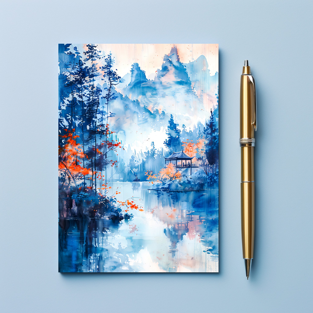 raxxa Postkarte: Autumn Forest Landscape With Temple By Lakeside And Mountain Backdrop In Chinese Ink