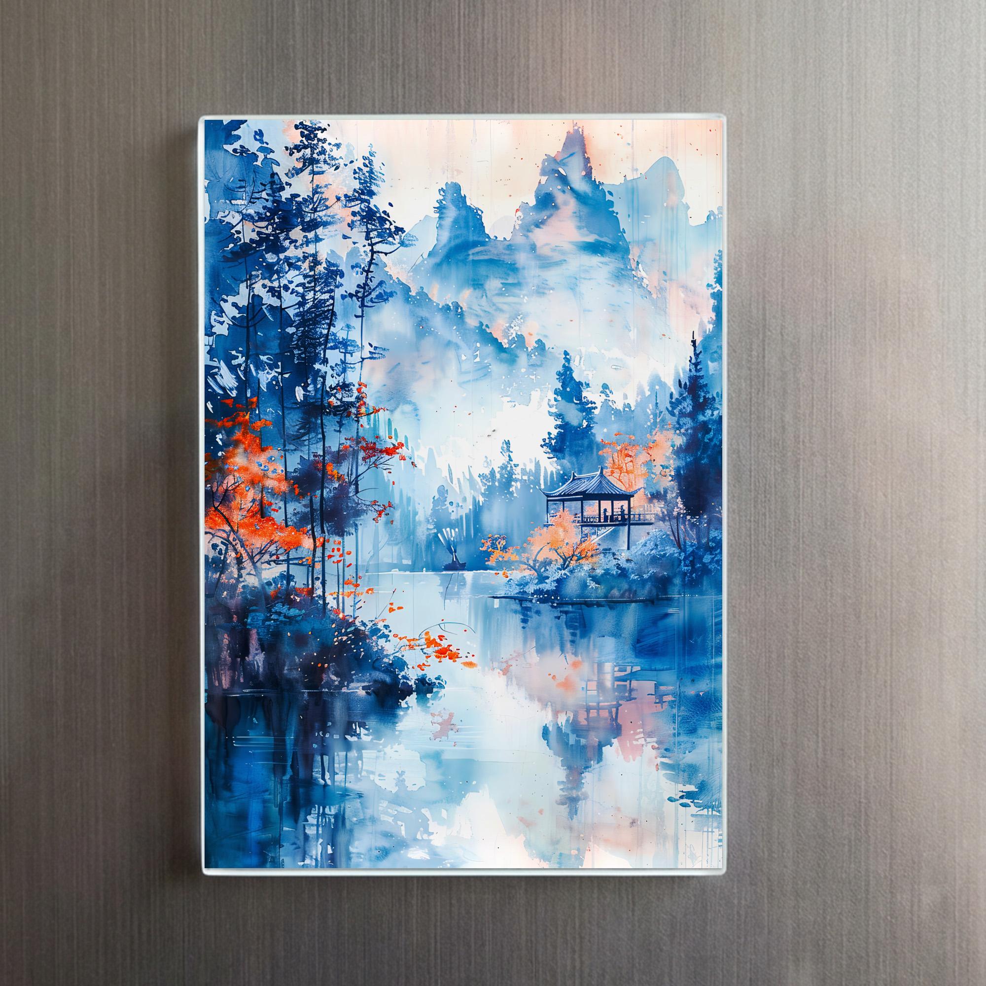 raxxa Glas-Magnet: Autumn Forest Landscape With Temple By Lakeside And Mountain Backdrop In Chinese Ink – Bild 2