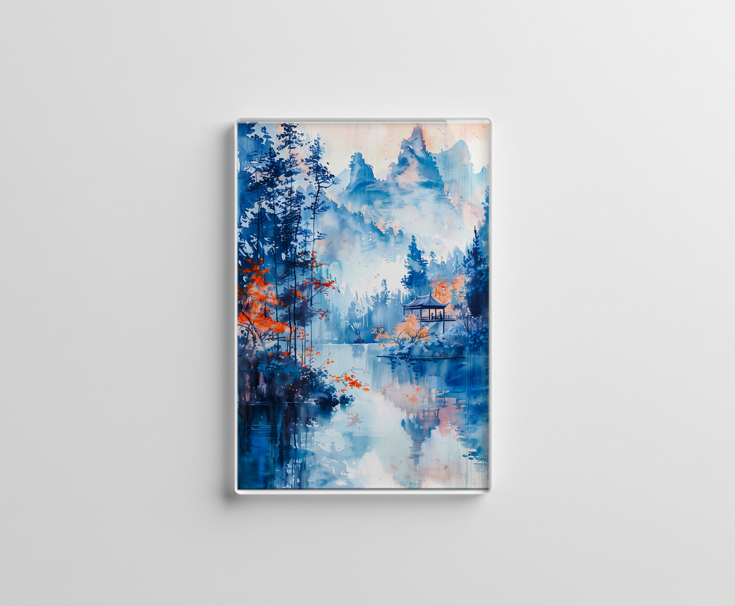 raxxa Glas-Magnet: Autumn Forest Landscape With Temple By Lakeside And Mountain Backdrop In Chinese Ink