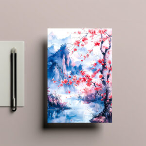 raxxa Postkarte: Blooming Cherry Tree With Mountain Range And Lakeside View In Chinese Ink