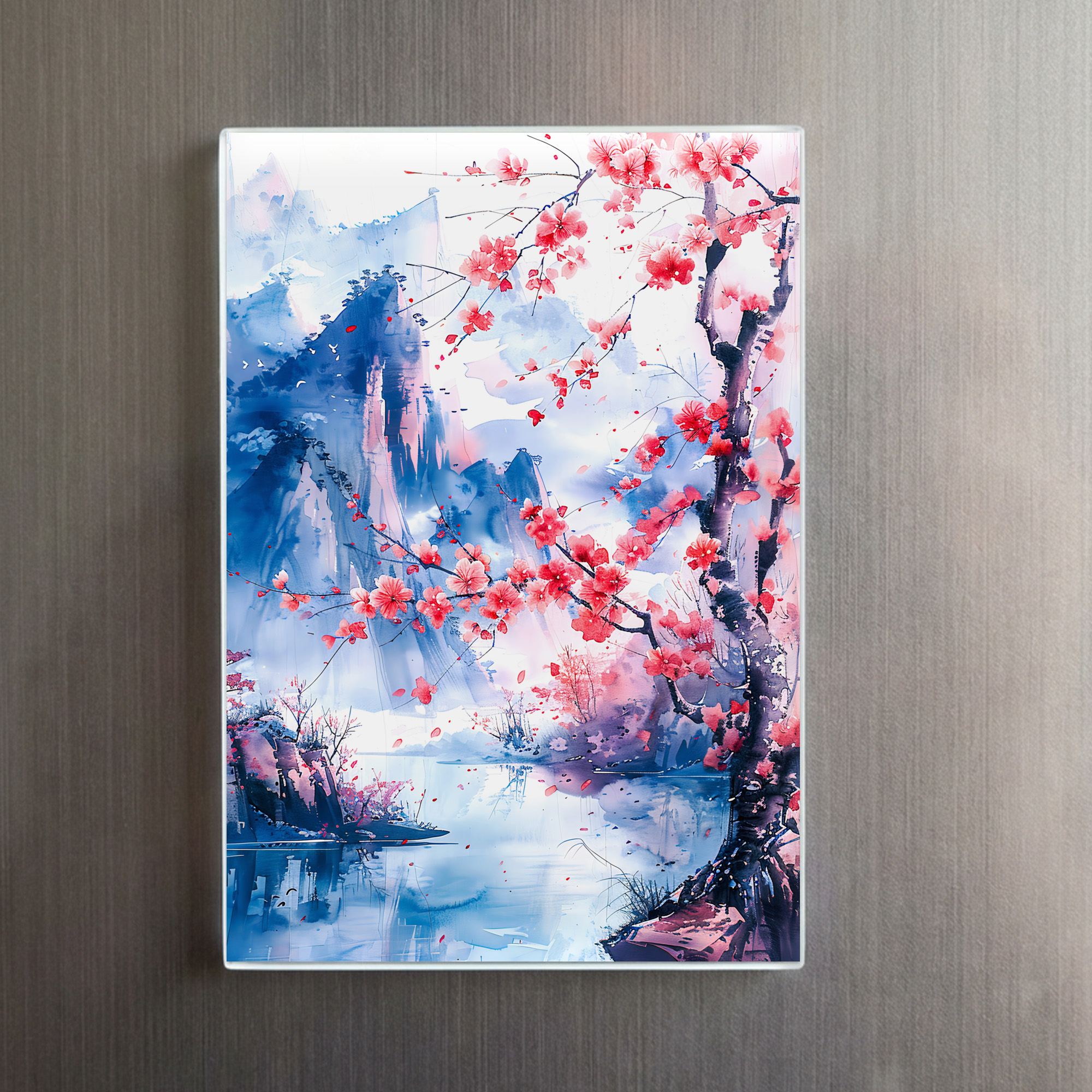 raxxa Glas-Magnet: Blooming Cherry Tree With Mountain Range And Lakeside View In Chinese Ink – Image 2