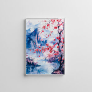 raxxa Glas-Magnet: Blooming Cherry Tree With Mountain Range And Lakeside View In Chinese Ink