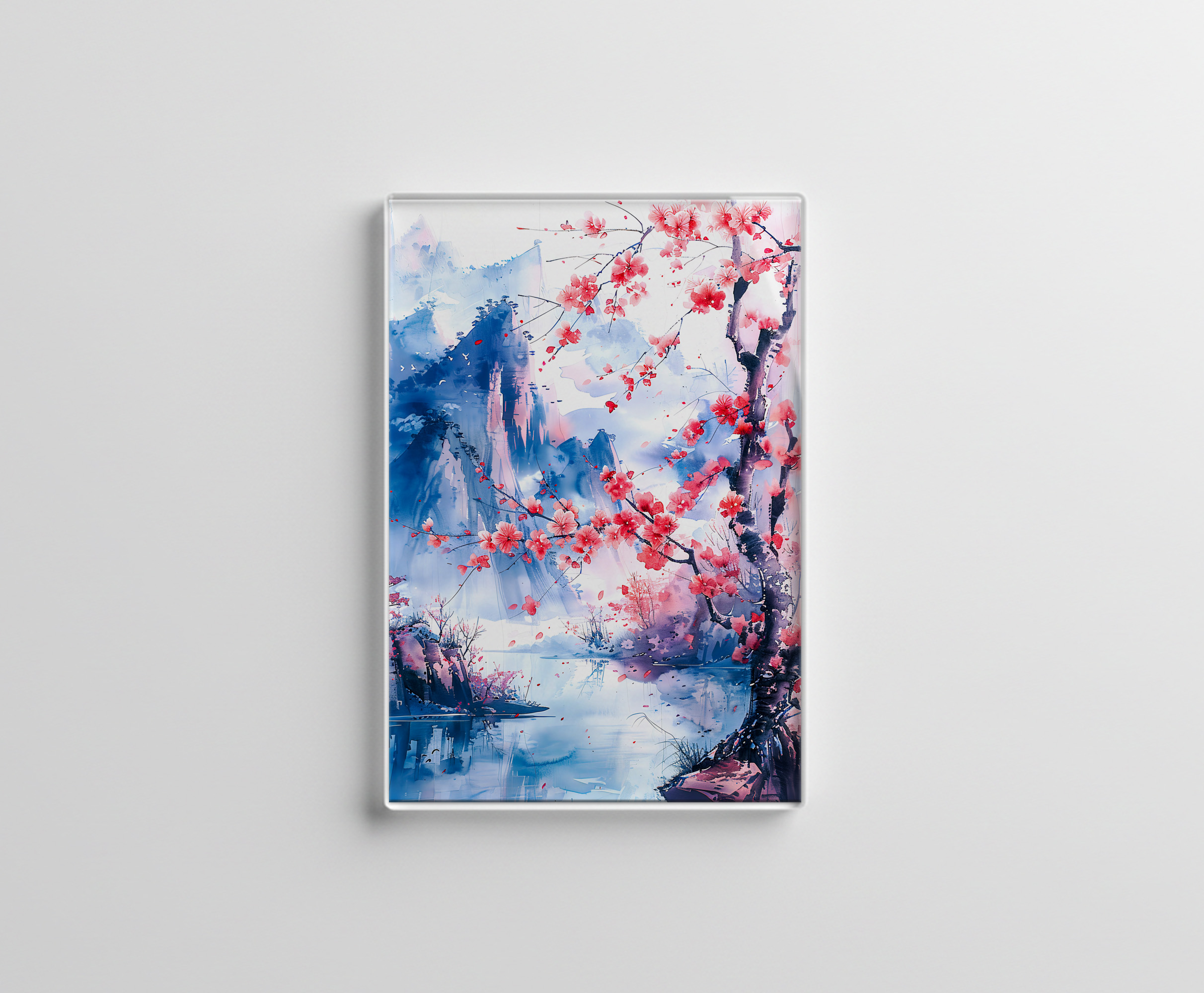 raxxa Glas-Magnet: Blooming Cherry Tree With Mountain Range And Lakeside View In Chinese Ink