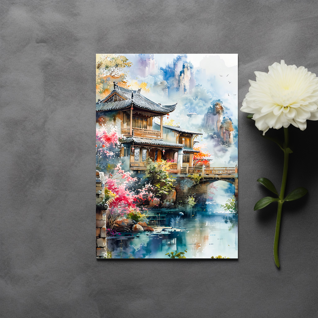 raxxa Postkarte: Temple Complex By Riverside With Bridge And Blooming Cherry Trees In Chinese Ink