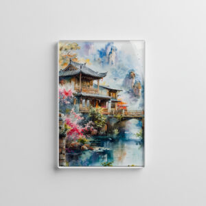 raxxa Glas-Magnet: Temple Complex By Riverside With Bridge And Blooming Cherry Trees In Chinese Ink