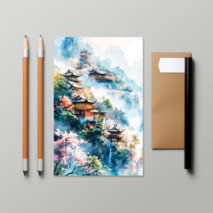 raxxa Postkarte: Hillside Village With Temple, Blooming Cherry Trees And Misty Mountains In Chinese Ink