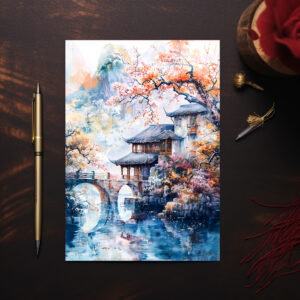raxxa Postkarte: Watercolor painting of a temple and bridge by the river.