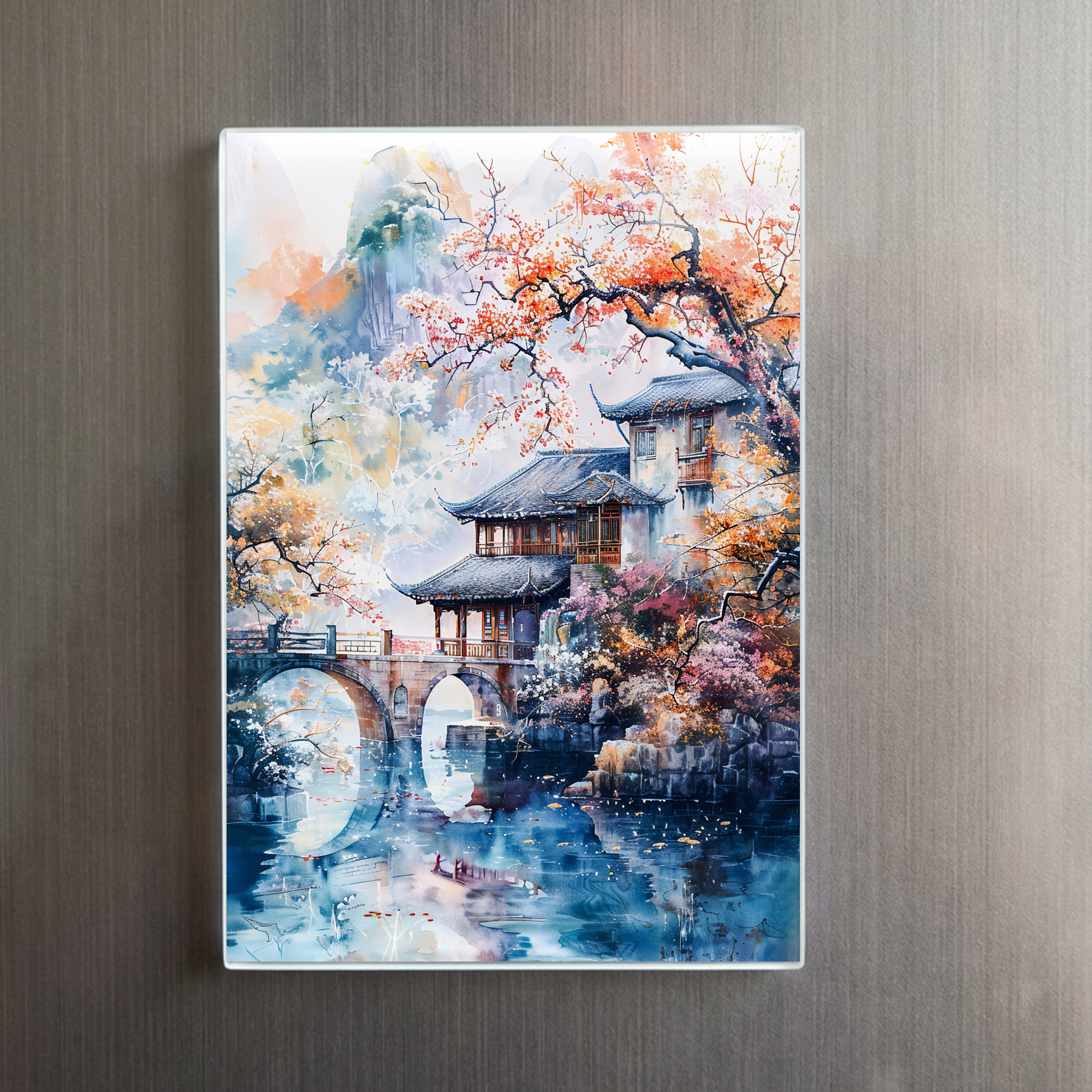 raxxa Glas-Magnet: Watercolor painting of a temple and bridge by the river. – Bild 2
