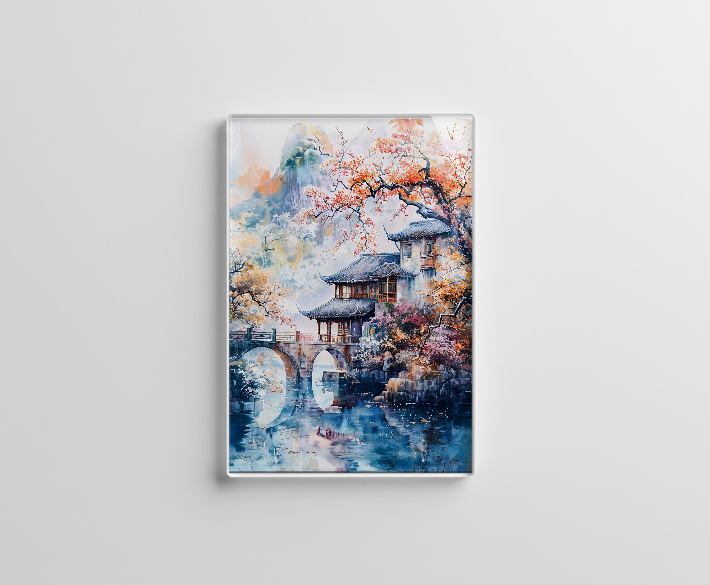 raxxa Glas-Magnet: Watercolor painting of a temple and bridge by the river.