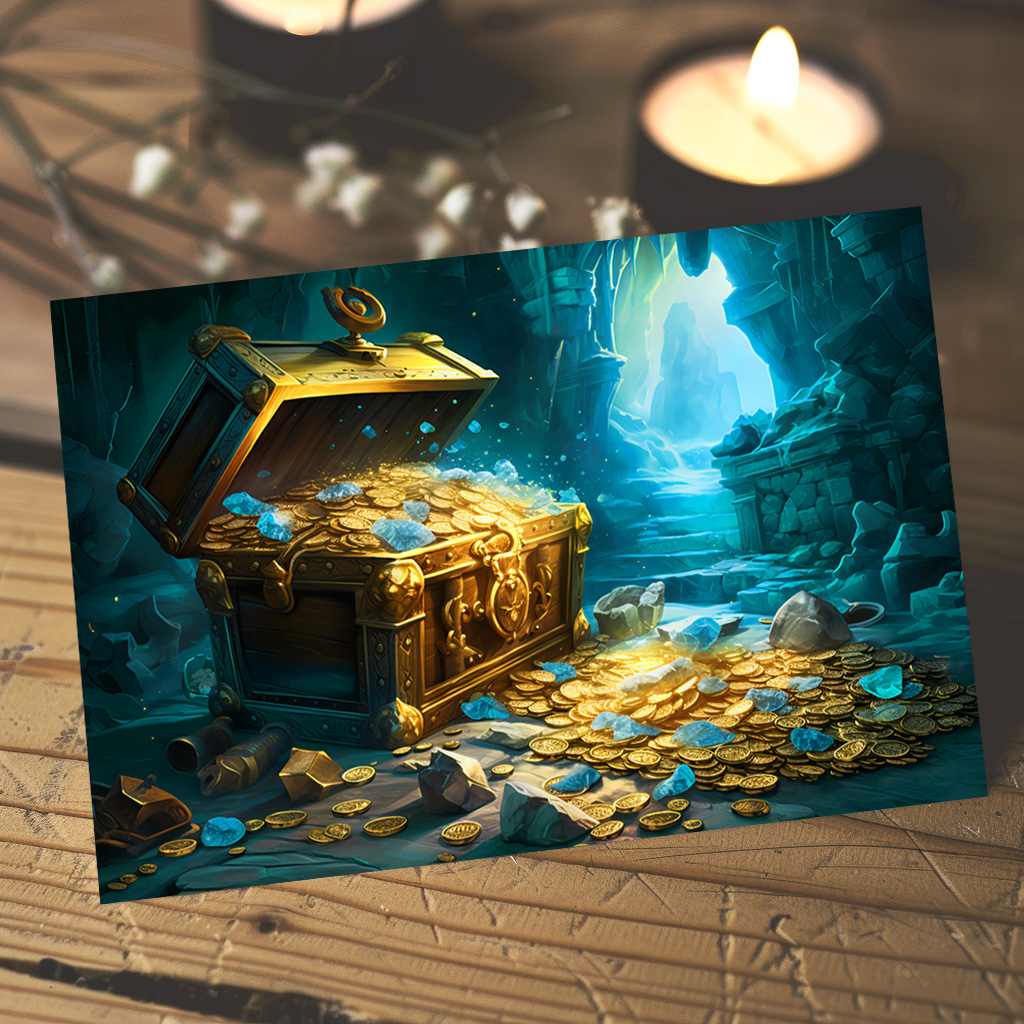 raxxa Postkarte: Treasure Chest in Cave Light Fantasy Painting