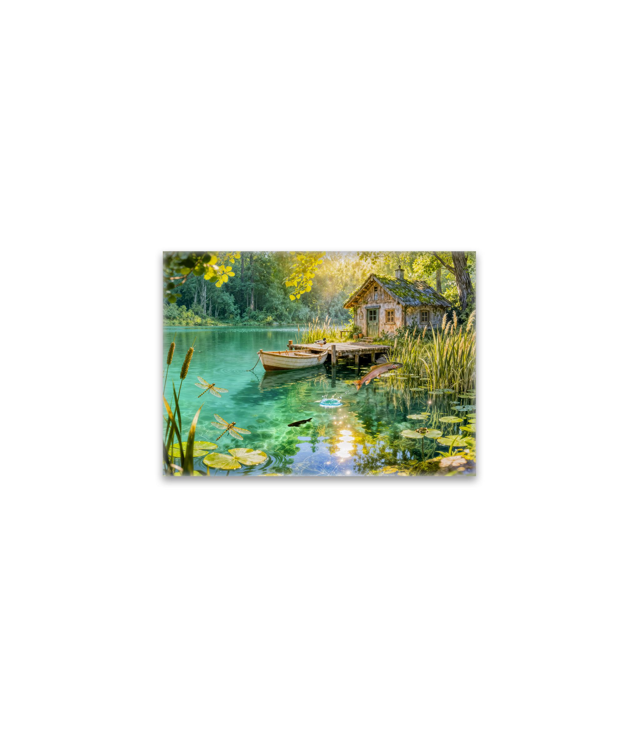 raxxa Glas-Magnet: Forest Stream Cottage with Ducks, piere and Dock Artwork