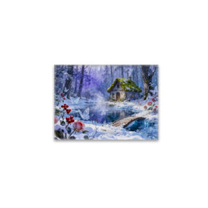 raxxa Glas-Magnet: Snowy Enchanted Forest Cottage with Bridge and Glowing Butterflies – Fantasy Artwork