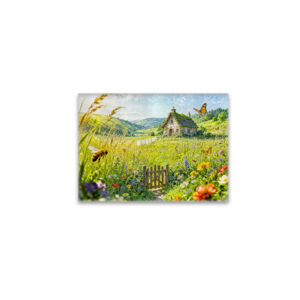 raxxa Glas-Magnet: Mountain Meadow Cottage with Flowers, Gate and Butterflies Artwork