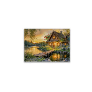 raxxa Glas-Magnet: Sunset River Cottage with Dog on Bridge and Flower Bed Artwork
