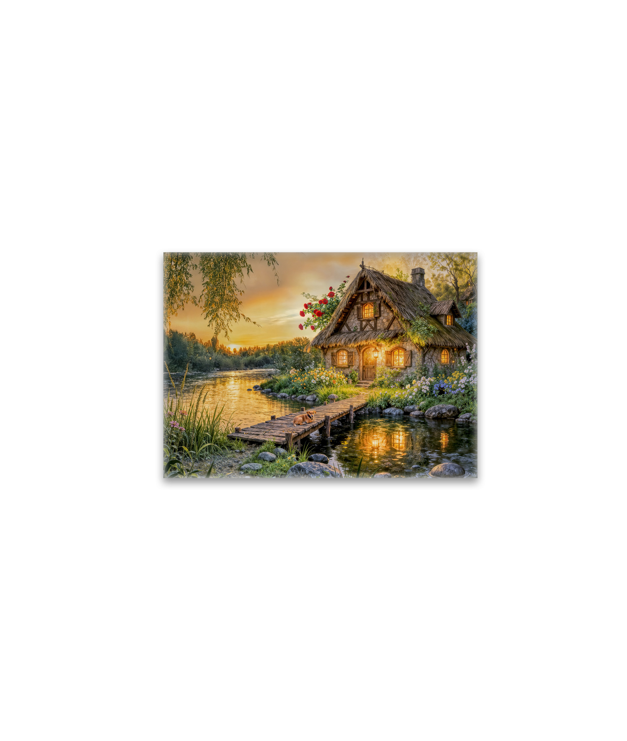 raxxa Glas-Magnet: Sunset River Cottage with Dog on Bridge and Flower Bed Artwork
