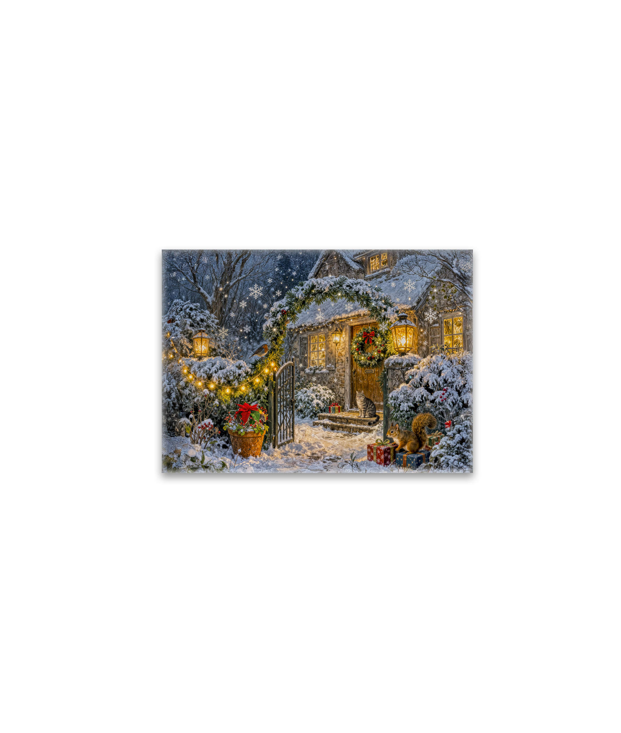 raxxa Glas-Magnet: Winter Cottage with Squirrel, Cat and Robin Artwork