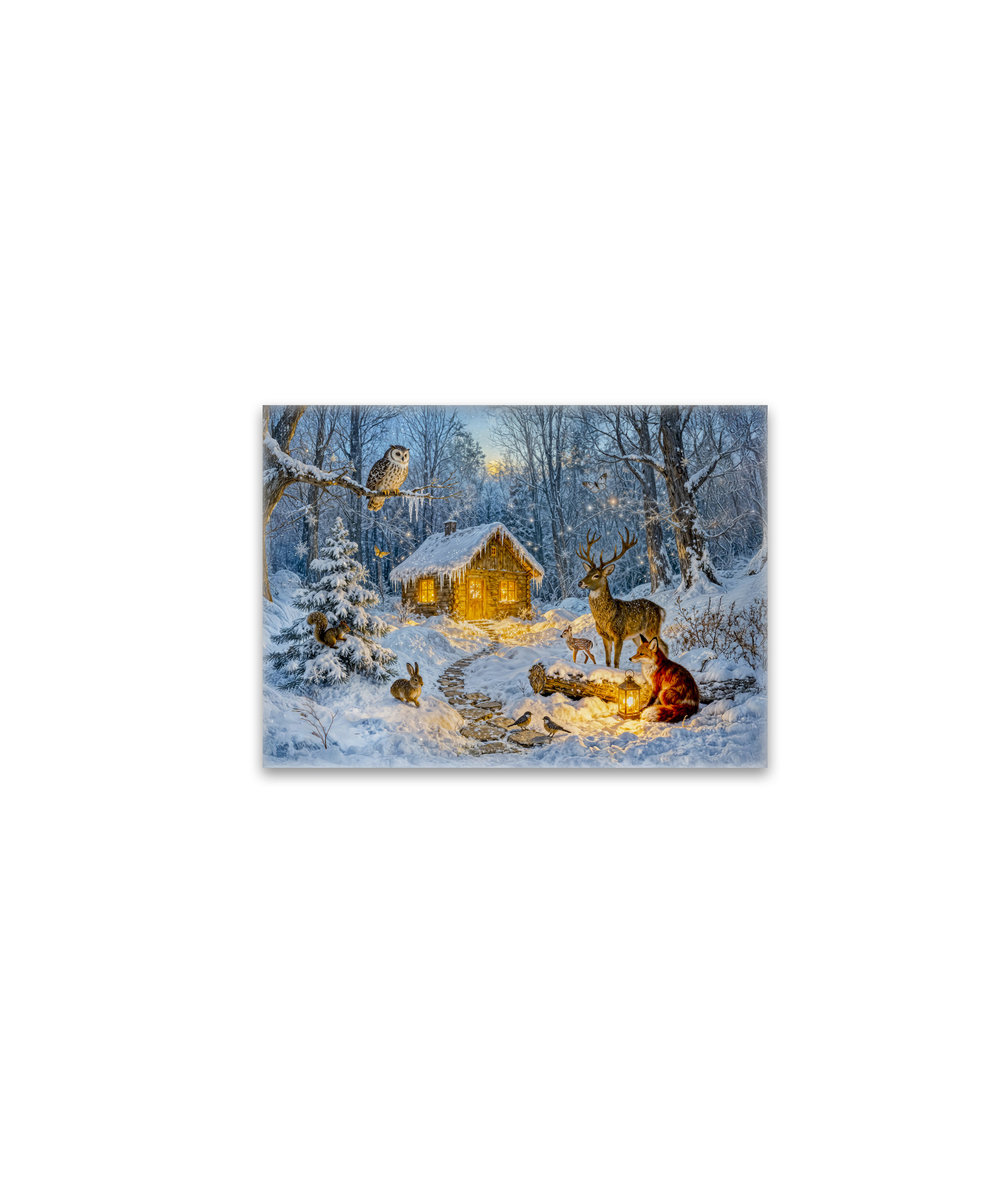 raxxa Glas-Magnet: Winter Forest Cottage with Deer, Fox and Owl – Fantasy Artwork