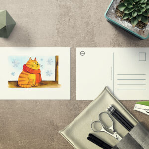 raxxa Postkarte: Cute Cartoon Cat Sitting at Snowy Window