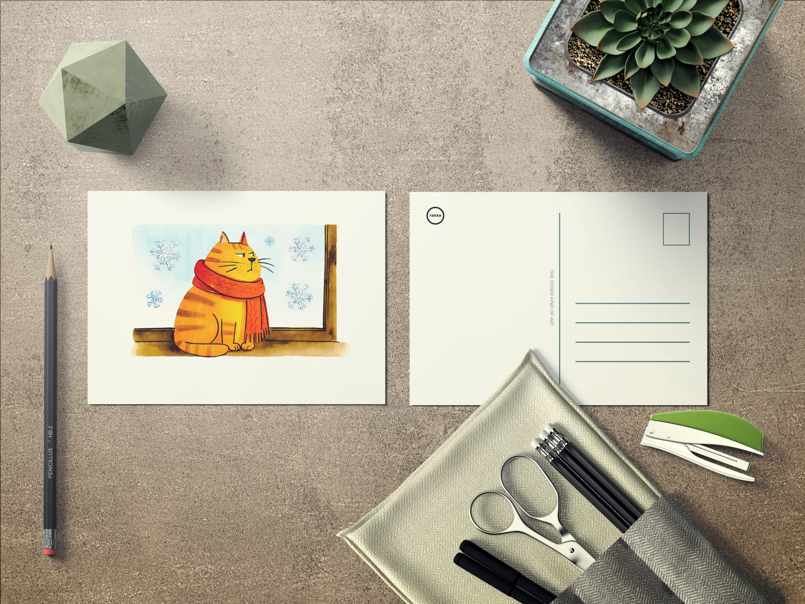 raxxa Postkarte: Cute Cartoon Cat Sitting at Snowy Window