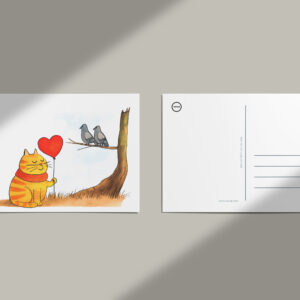 raxxa Postkarte: Cute Cartoon Cat Holding Heart Balloon Outdoors