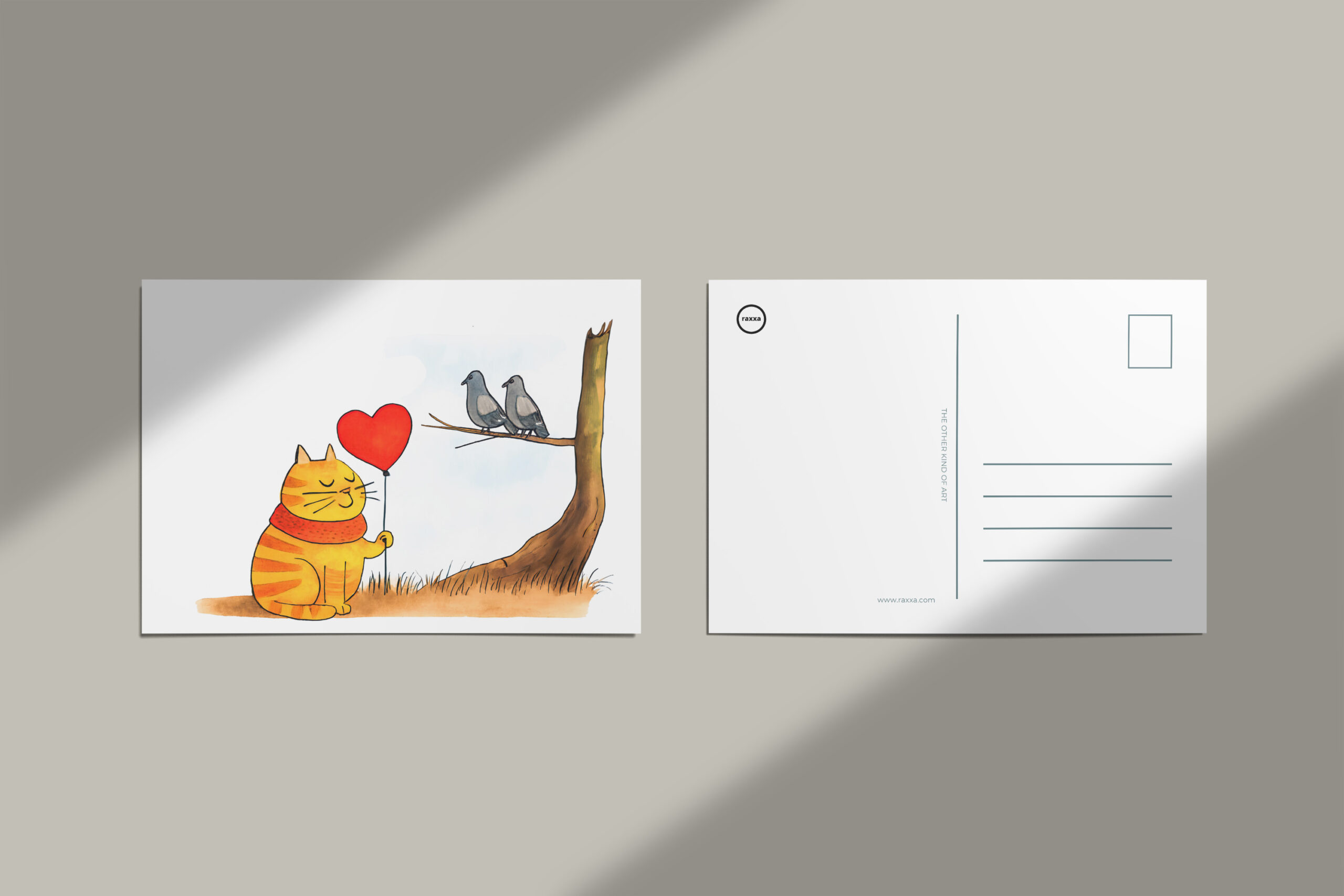 raxxa Postkarte: Cute Cartoon Cat Holding Heart Balloon Outdoors