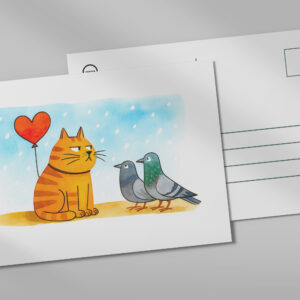 raxxa Postkarte: Cute Cartoon Cat Holding Heart Balloon Illustration