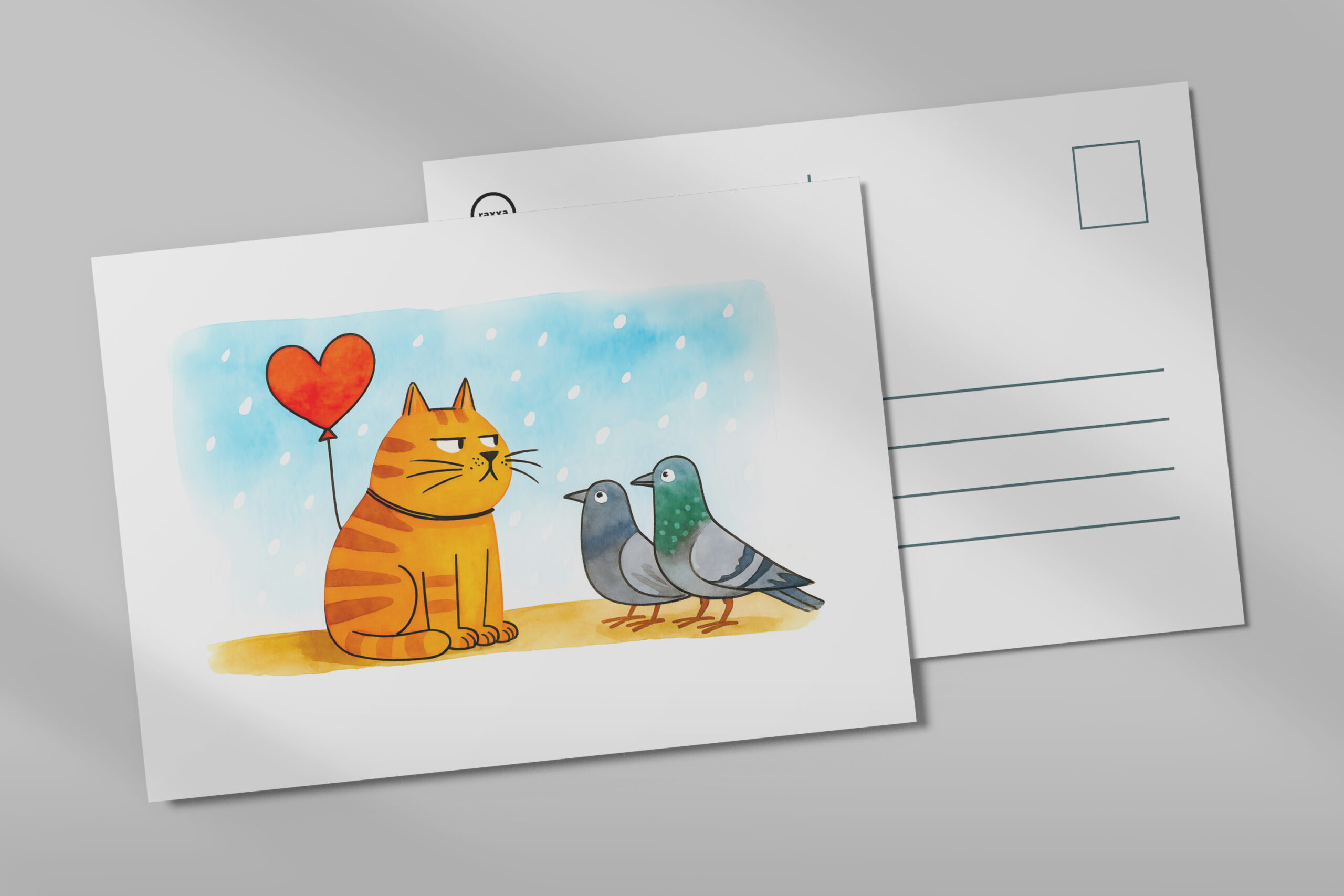 raxxa Postkarte: Cute Cartoon Cat Holding Heart Balloon Illustration