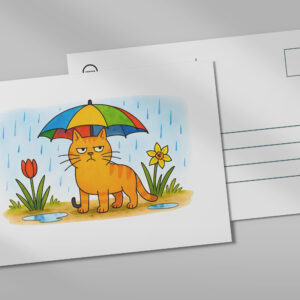 raxxa Postkarte: Cute Cartoon Cat Standing Under Colorful Umbrella