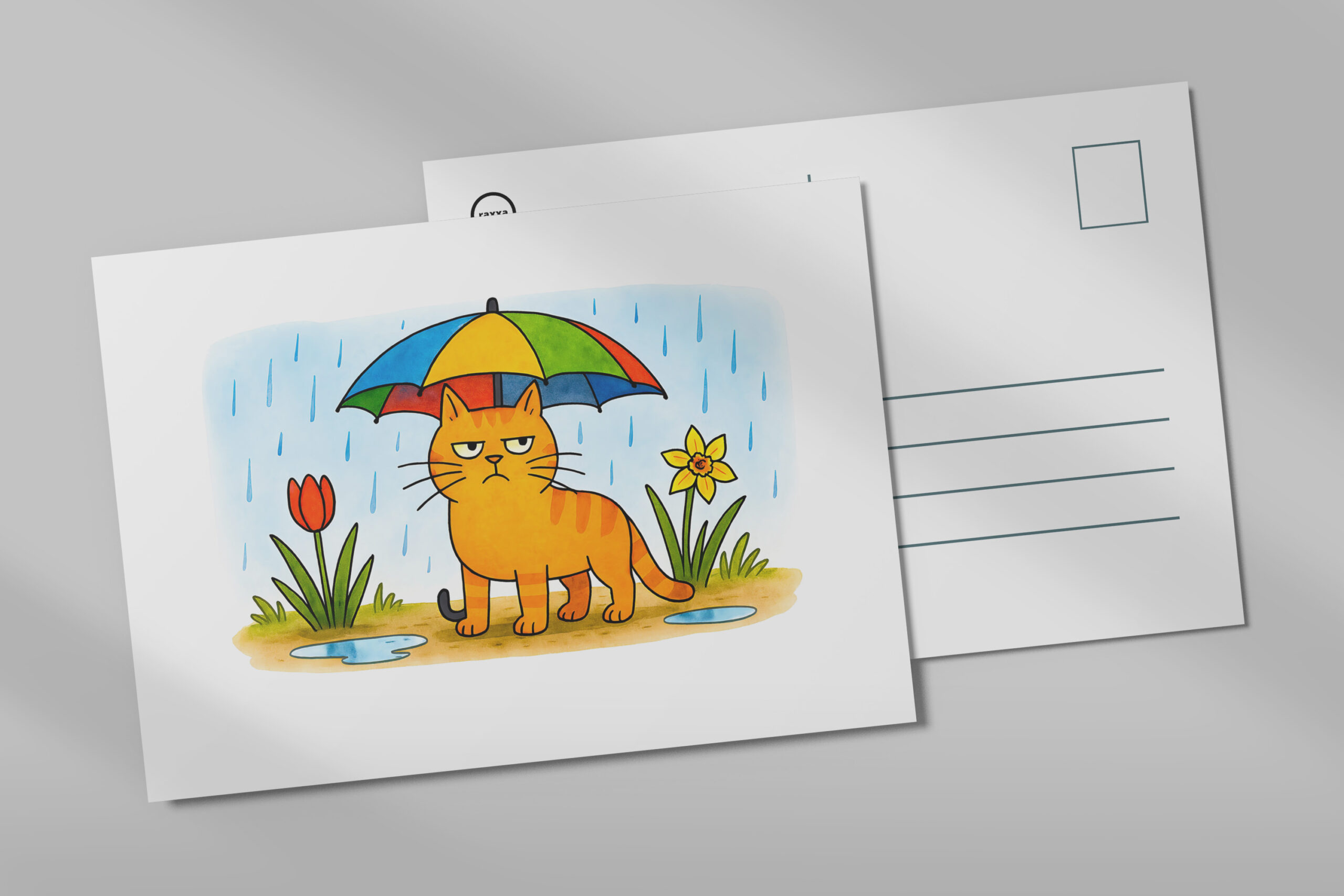 raxxa Postkarte: Cute Cartoon Cat Standing Under Colorful Umbrella