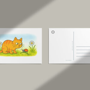 raxxa Postkarte: Cute Cartoon Cat Watching Ladybug in Meadow