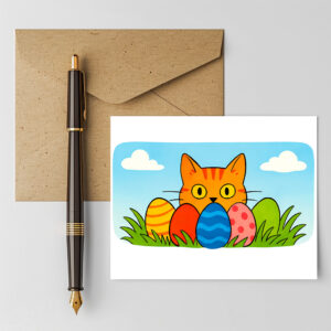 raxxa Postkarte: Playful Cartoon Cat Hiding Behind Easter Eggs