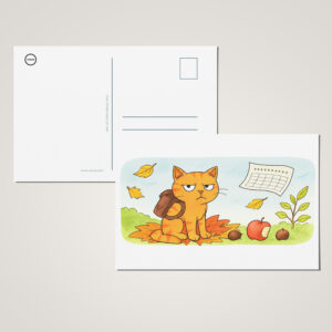 raxxa Postkarte: Grumpy Cartoon Cat Starting School in Autumn