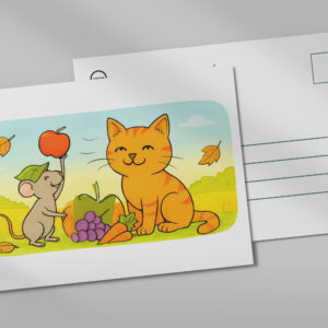 raxxa Postkarte: Cute Cartoon Cat With Mouse and Heart Balloon