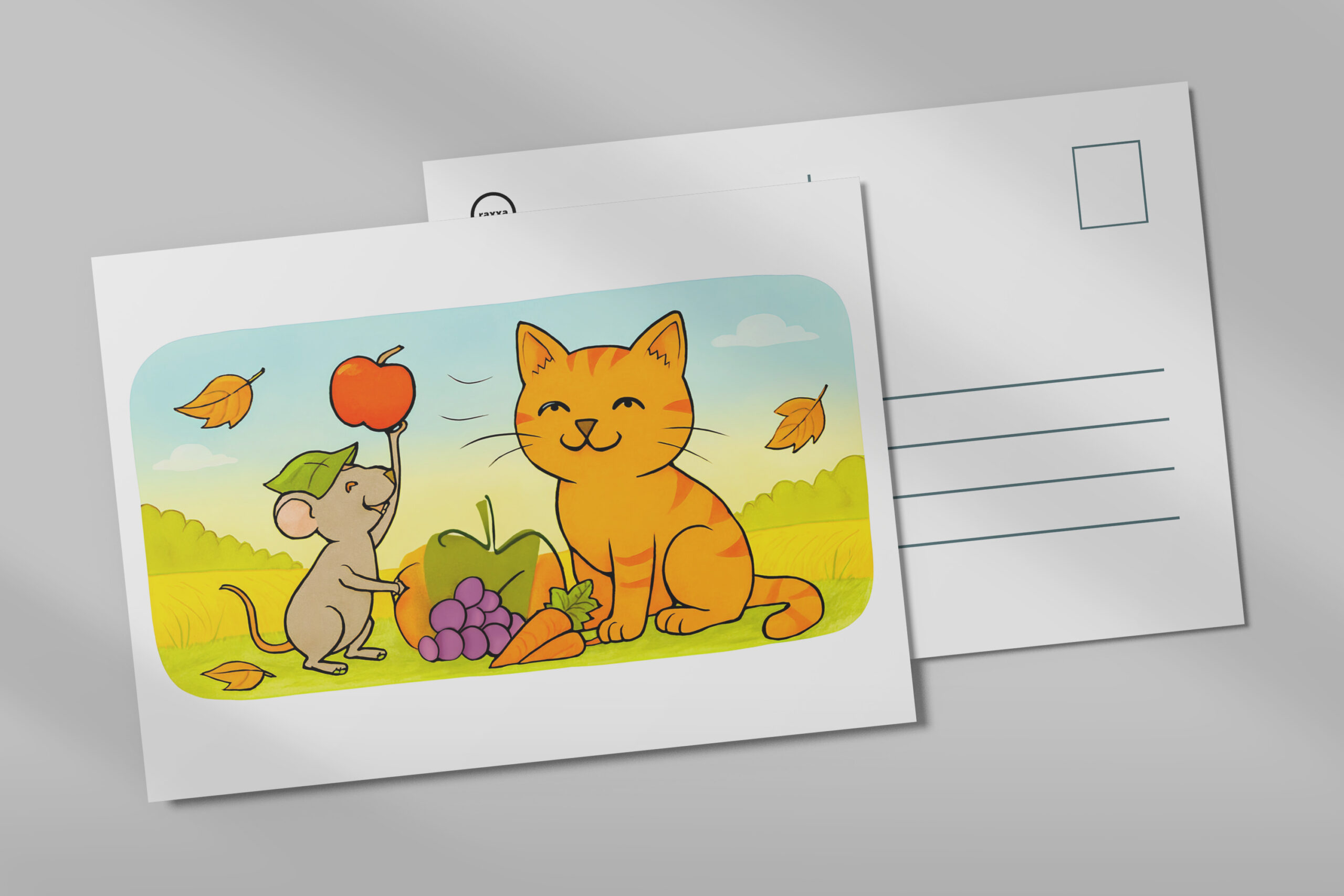 raxxa Postkarte: Cute Cartoon Cat With Mouse and Heart Balloon