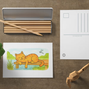 raxxa Postkarte: Cute Cartoon Cat Resting on Wooden Dock