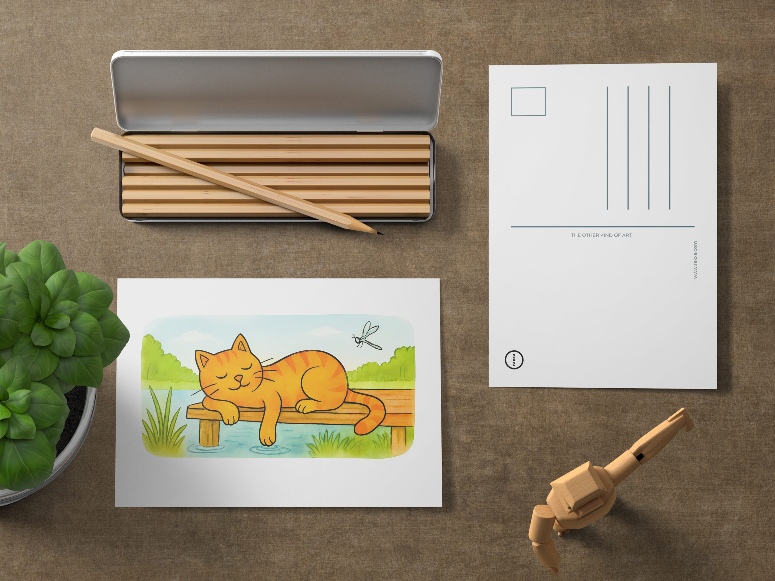 raxxa Postkarte: Cute Cartoon Cat Resting on Wooden Dock