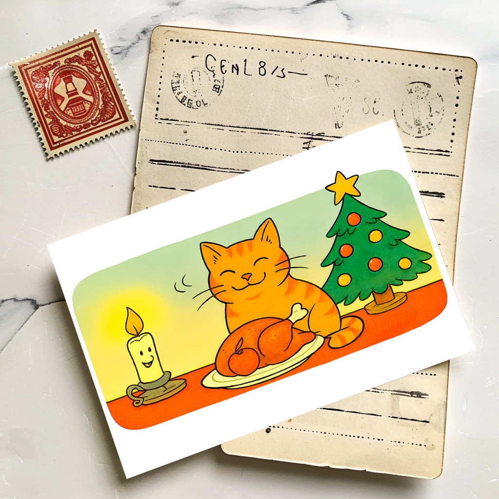 raxxa Postkarte: Cute Cartoon Cat Sitting by Christmas Candle