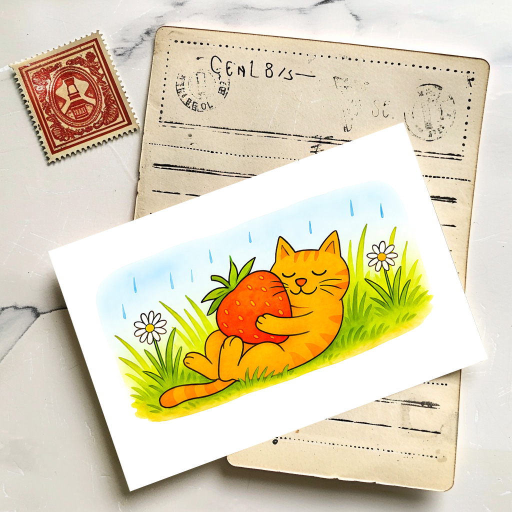 raxxa Postkarte: Playful Cartoon Cat Hugging Big Strawberry