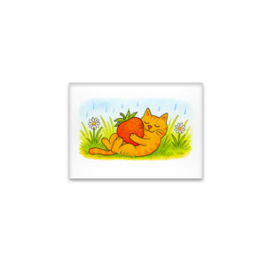 raxxa Glas-Magnet: Playful Cartoon Cat Hugging Big Strawberry
