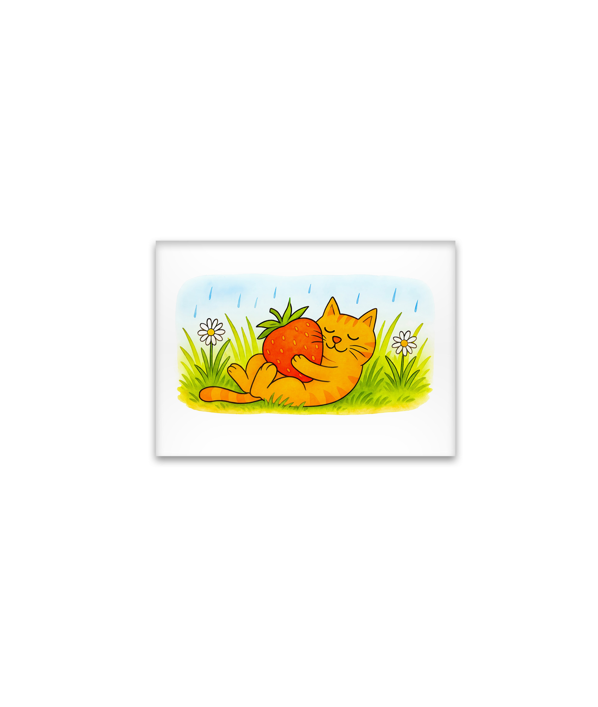 raxxa Glas-Magnet: Playful Cartoon Cat Hugging Big Strawberry