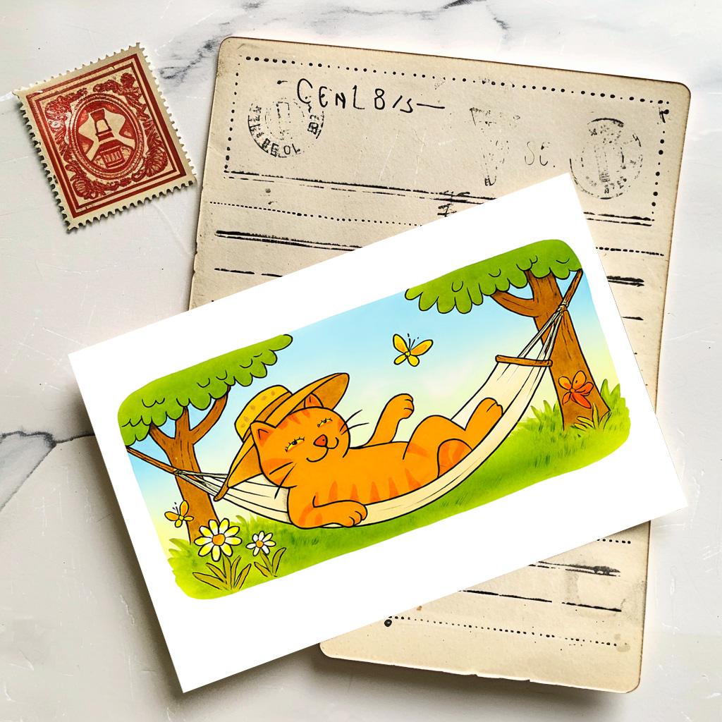 raxxa Postkarte: Cute Cartoon Cat Relaxing in Garden Hammock
