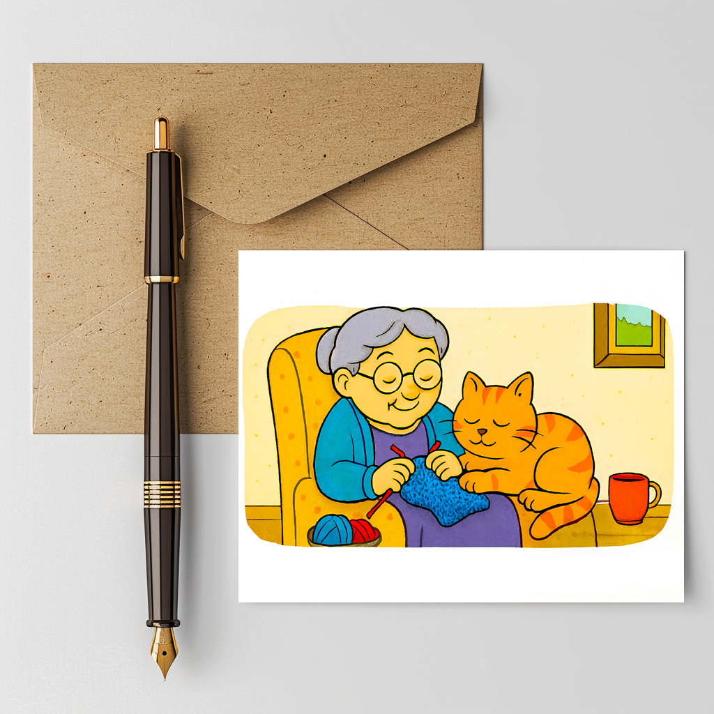 raxxa Postkarte: Cute Cartoon Cat Resting on Knitting Grandma