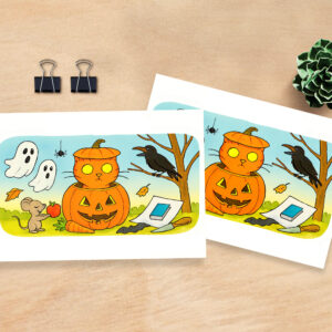 raxxa Postkarte: Cute Cartoon Cat Sitting in Pumpkin Costume