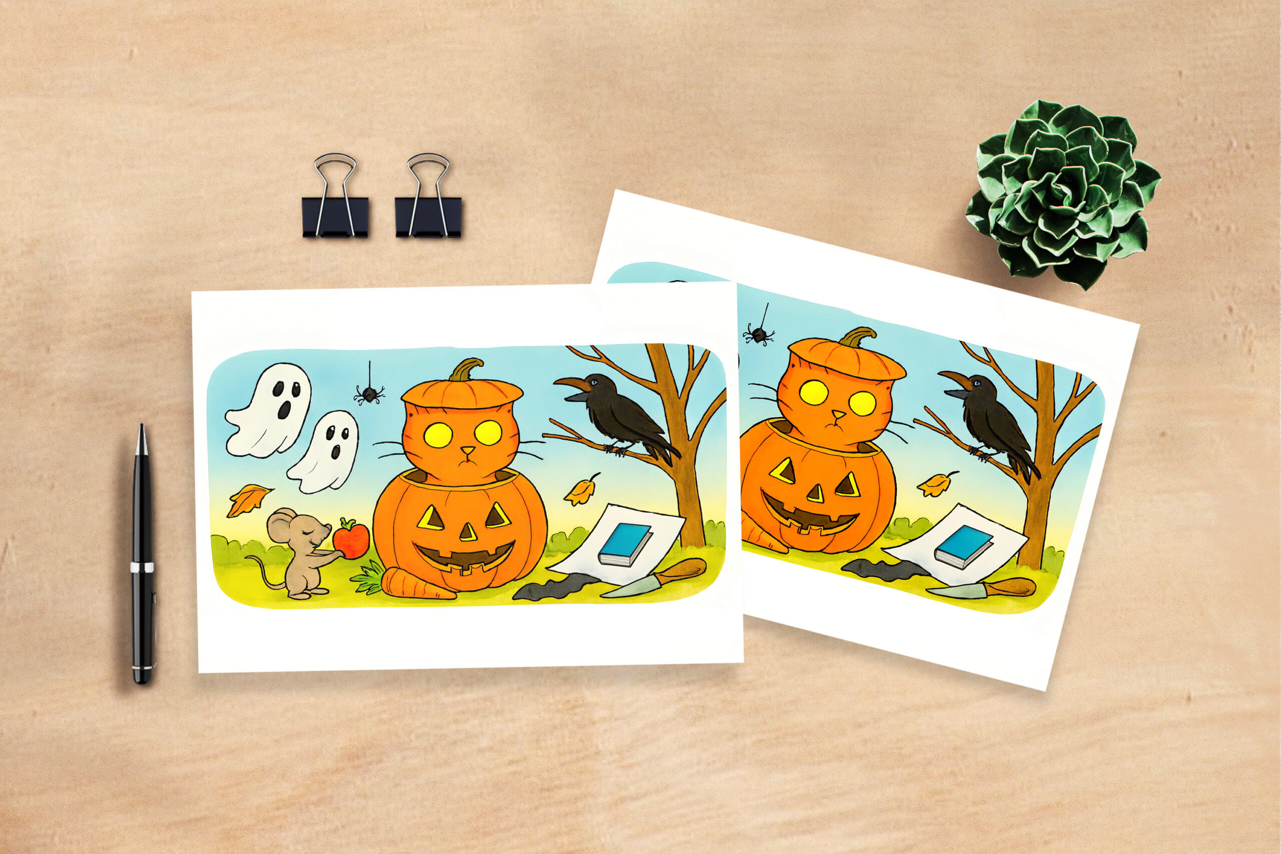 raxxa Postkarte: Cute Cartoon Cat Sitting in Pumpkin Costume