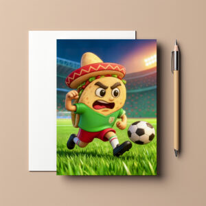 raxxa Postkarte: Mexican taco soccer player running across stadium