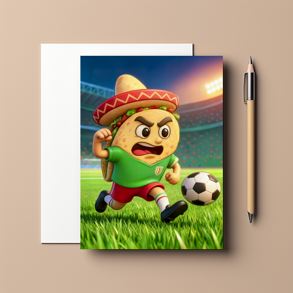 raxxa Postkarte: Mexican taco soccer player running across stadium